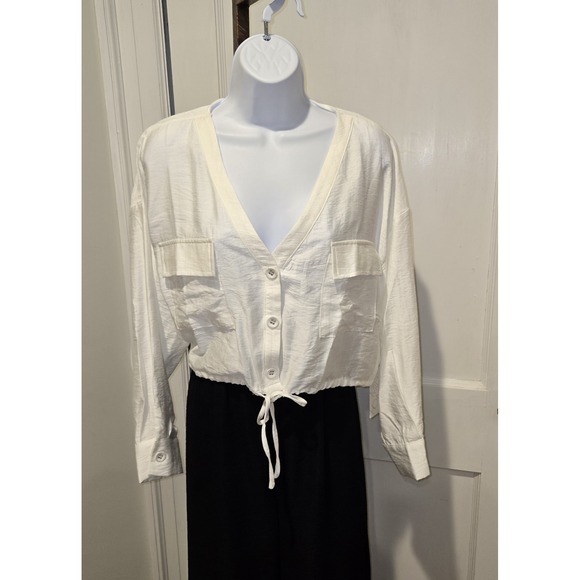 NWT Milk & Honey Cropped  White Button Down Long Sleeve Hem Tie Linen Blend M - Picture 1 of 10